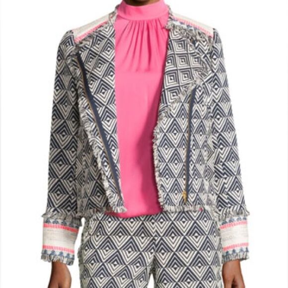 Trina Turk Size 2 Tia Fringe-Trim Blazer Jacket Blue/White Geometric Business - Picture 1 of 10